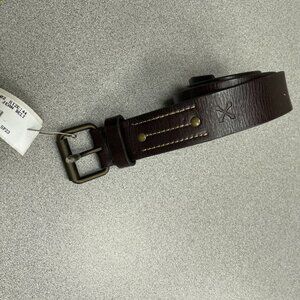 Men's Belt Size 44 Chocolate Leather Jean Belt Antique Brass Buckle i1783